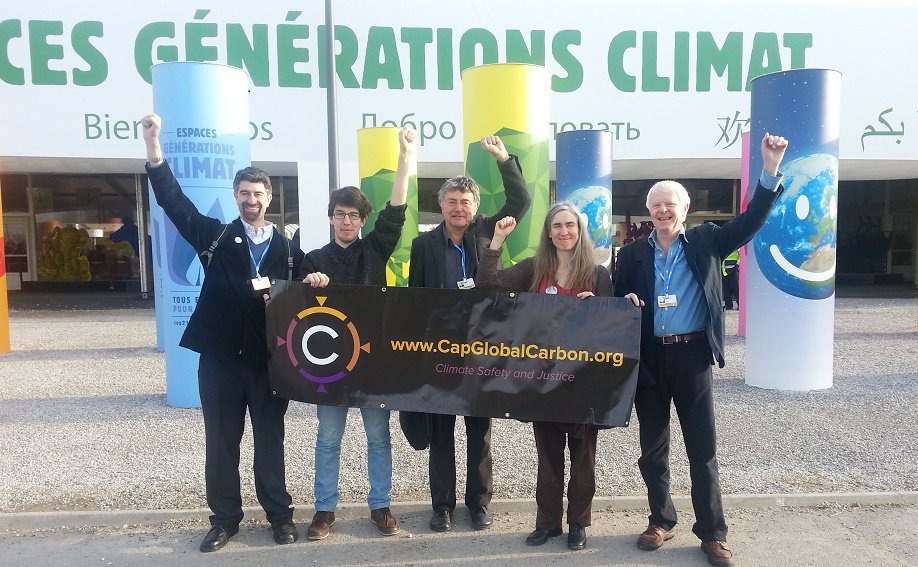 Pictured above (from left to right): Mike Sandler (co-founder of CCP), and members of the Foundation for the Economics of Sustainability (FEASTA) Erik-Jan van Oosten of the Netherlands, Robert Hutchison from the UK, Caroline Whyte originally from Ireland now living in France, and Laurence Matthews from the UK. They attended the Paris climate talks to promote CapGlobalCarbon. 