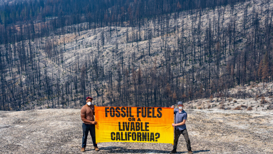 Activists with Greenpeace, Oil & Gas Action Network and Regenerating Paradise gather at a burn scar site in the North Complex Fire urging Governor Newsom to take immediate action to phase out fossil fuels and end neighborhood drilling.