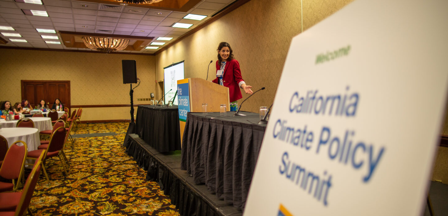 Lauren Sanchez, Senior Climate Advisor to Governor Gavin Newsom, speaks at the California Climate
Policy Summit 2023 in Sacramento. Photo  By Lara Abduraman / Survival Media Agency.