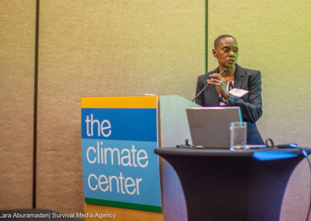 The Climate Center Board Member Dr. Venise Curry moderates a panel at the California Climate Policy Summit 2023. Photo by Lara Abduraman / Survival Media Agency.