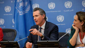 Governor Newsom at UN Climate Week in 2023, where he committed to sign SB 253 and 261. Photo: Office of the California Governor.