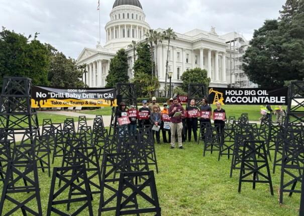 Activists with the Last Chance Alliance coalition placed 100 mini oil derricks on the capitol lawn to call out Big Oil’s influence over California decision-makers. Photo by Laura Deehan.